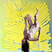 oil painting of a suspended figure in a broken universe figures